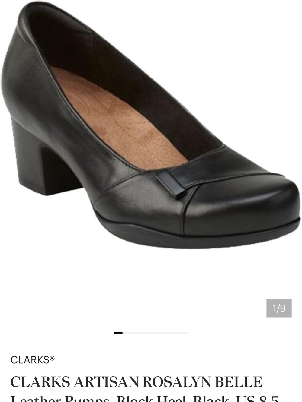 Clarks Rosalyn Belle Black Leather Block Heel Pumps